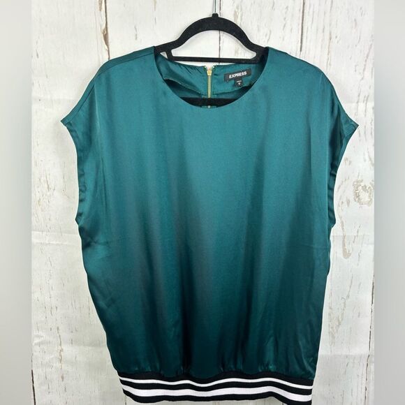 Express Green Emerald Satin Blouse Top Elastic Striped Bottom - Picture 8 of 9